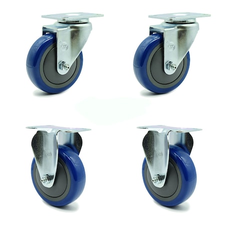 Service Caster 4 Inch Blue Polyurethane Wheel Swivel Top Plate Caster Set with 2 Rigid SCC SCC-20S414-PPUB-BLUE-TP3-2-R-2
